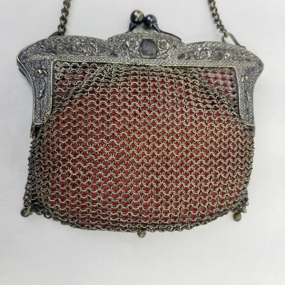 Victorian Purse GERMAN SILVER Mesh EVENING Bag Ornate Floral Frame Kiss Lock VTG - Picture 4 of 11